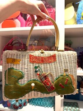Vintage 50s 60s OOAK golf themed wicker woven bag